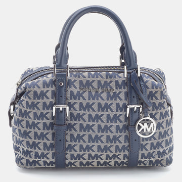 MICHAEL KORS Grey/Blue Signature Canvas and Leather Zip Satchel