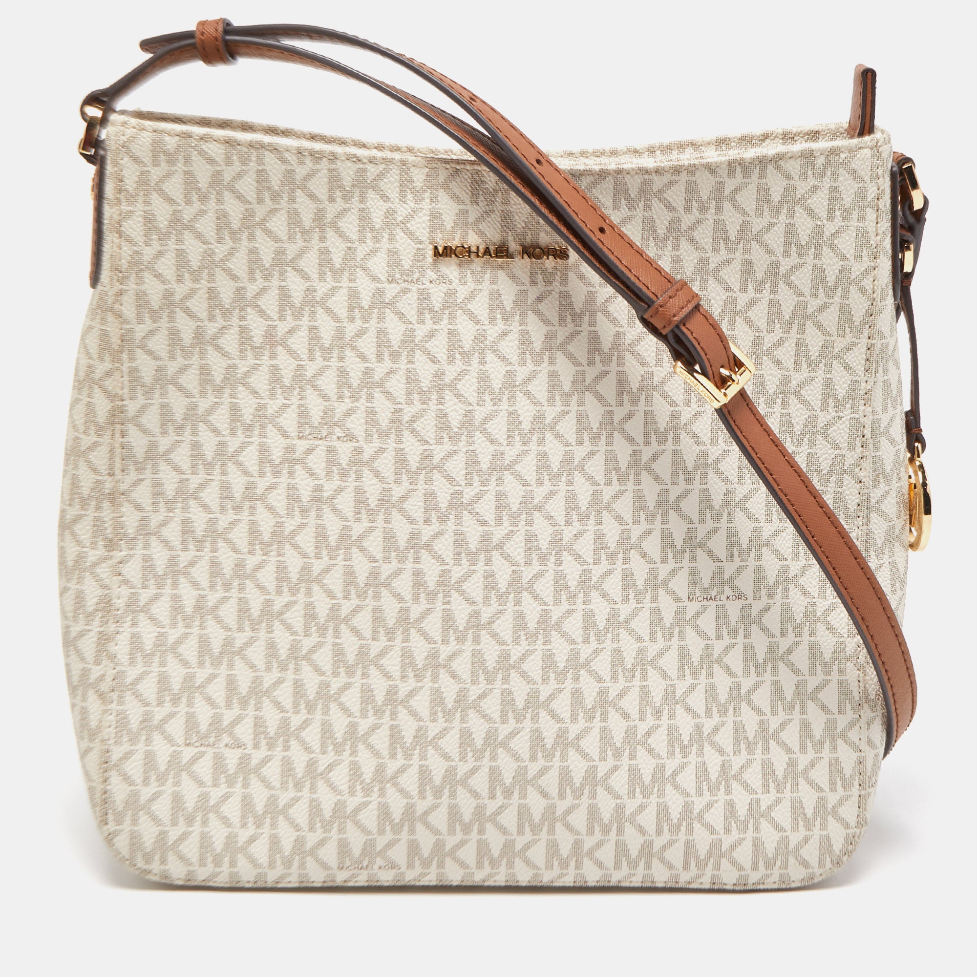 MICHAEL KORS White Brown Signature Coated Canvas and