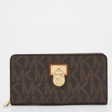 MICHAEL KORS Brown Signature Coated Canvas Zip Around Wallet