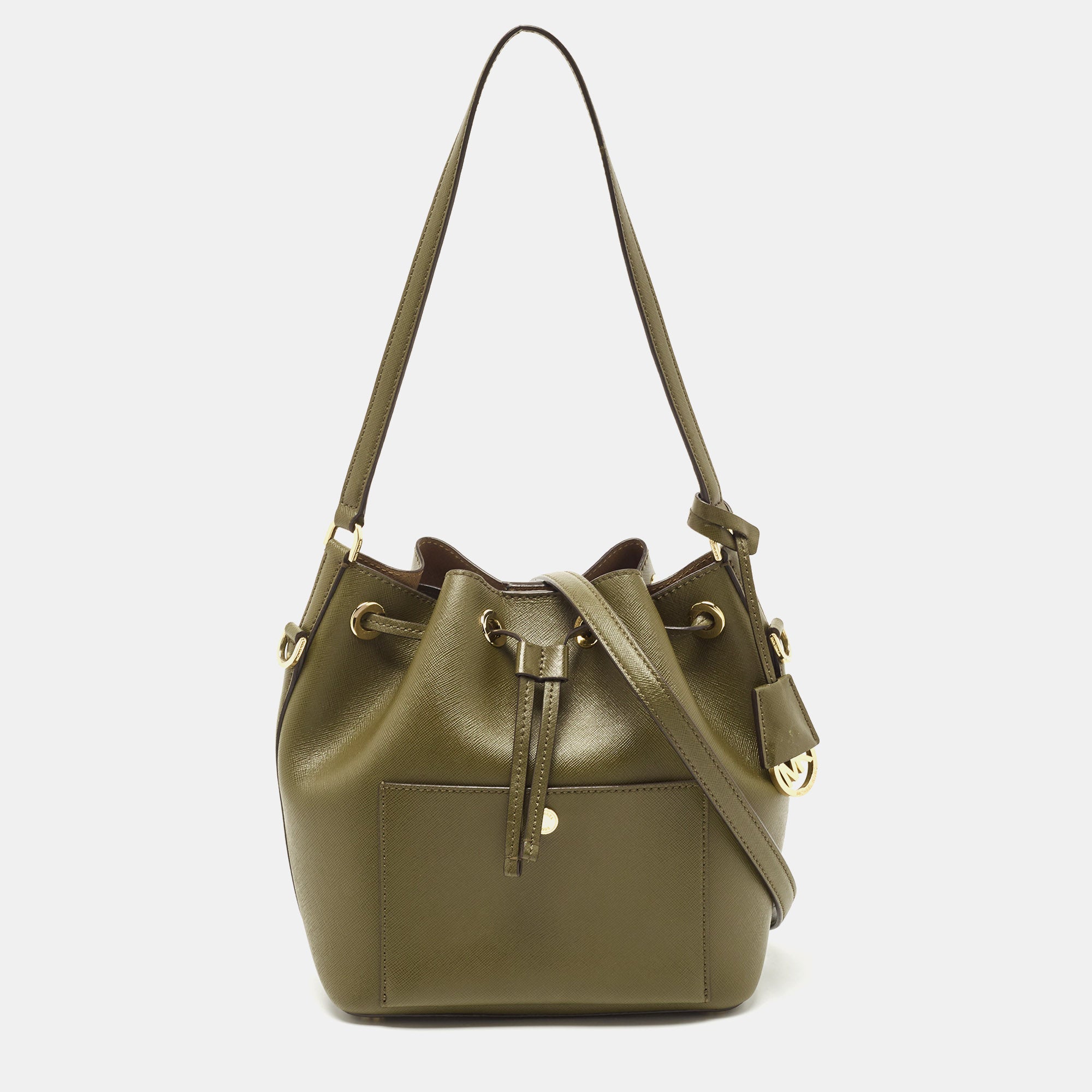 MICHAEL KORS Olive Green Leather Medium Greenwich Bucket Bag