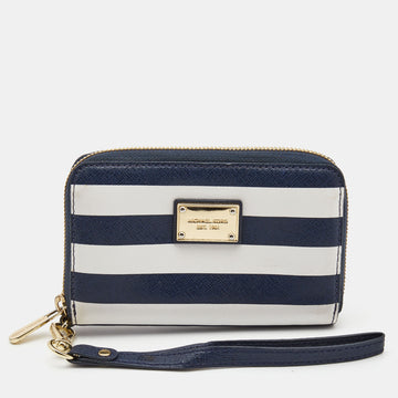 MICHAEL KORS Blue/White Leather Striped Zip Around Wallet