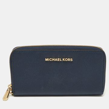 MICHAEL KORS Blue Leather Zip Around Wristlet Wallet