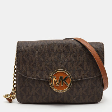 MICHAEL KORS Dark Brown Signature Coated Canvas Fulton Flap Crossbody Bag