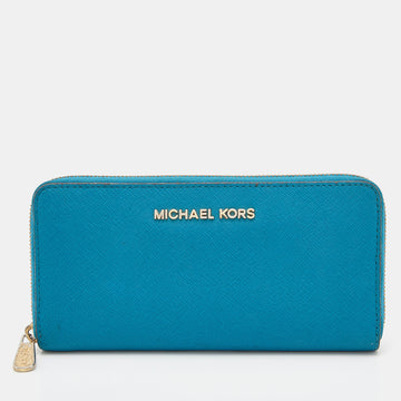 MICHAEL KORS Blue Leather Jet Set Zip Around Wallet