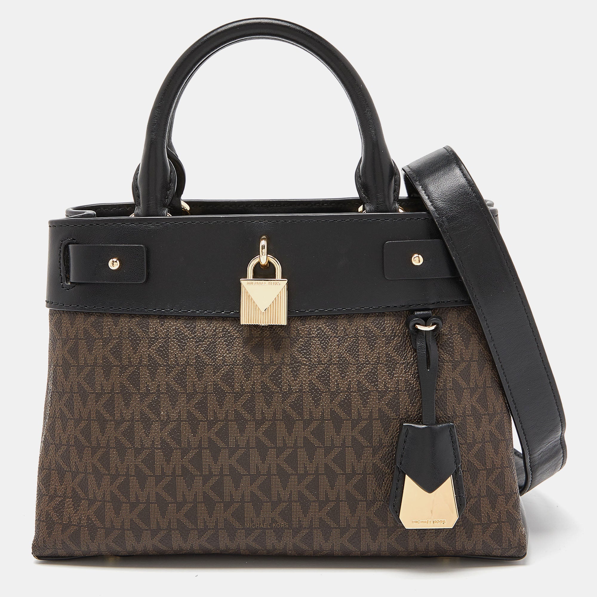 MICHAEL KORS Brown Black Signature Coated Canvas and Leather Gramercy