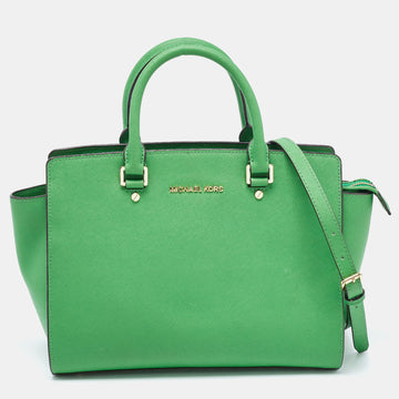 MICHAEL KORS Green Saffiano Lux Leather Large Selma Tote