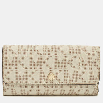 MICHAEL KORS Off White Signature Coated Canvas Flap Continental Wallet