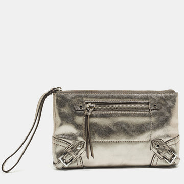 MICHAEL KORS Metallic Grey Leather Fallon Wristlet Clutch