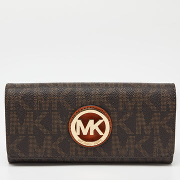 MICHAEL KORS Beige/Brown Signature Coated Canvas Fulton Flap Continental Wallet