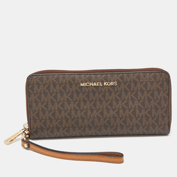 MICHAEL KORS Brown Signature Coated Canvas Zip Around Continental Wallet