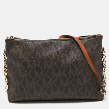 MICHAEL KORS Dark Brown Signature Coated Canvas and Leather Zip Crossbody Bag