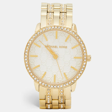 MICHAEL KORS White Crystal Embellished Gold Plated Stainless Steel Nini MK3214 Women's Wristwatch 35 mm