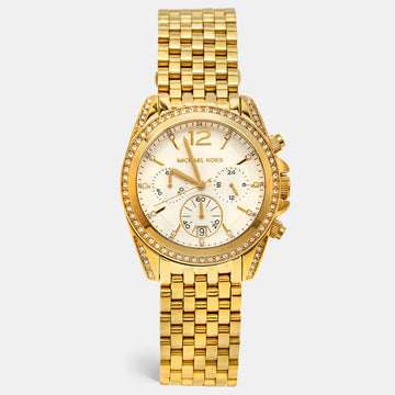 MICHAEL KORS White Dial Gold Plated Stainless Steel Crystal Embellished Pressly MK5835 Women's Wristwatch 39 mm