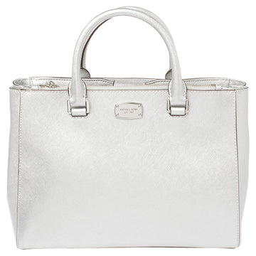 MICHAEL MICHAEL KORS Metallic Silver Leather Medium Kellen Satchel