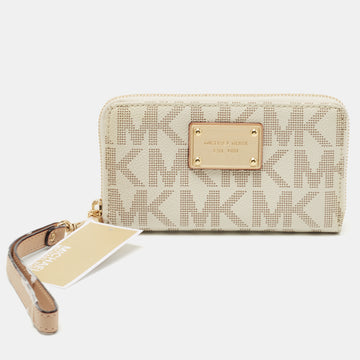 MICHAEL MICHAEL KORS White/Beige Signature Coated Canvas Zip Around Wristlet Wallet