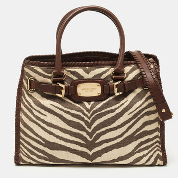 MICHAEL MICHAEL KORS Brown Zebra Print Canvas and Leather Hamilton Whipstitch Tote