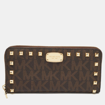 MICHAEL MICHAEL KORS Brown Signature Coated Canvas Studded Zip Around Wallet