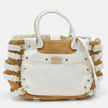 MICHAEL MICHAEL KORS Beige/White Patent Leather and Raffia Hobo