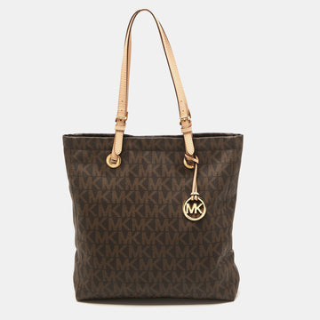 MICHAEL MICHAEL KORS Brown Signature Coated Canvas and Leather Jet Set Tote