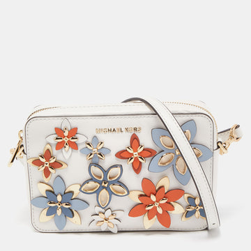 MICHAEL MICHAEL KORS White Leather Floral Applique Jet Set Camera Crossbody Bag