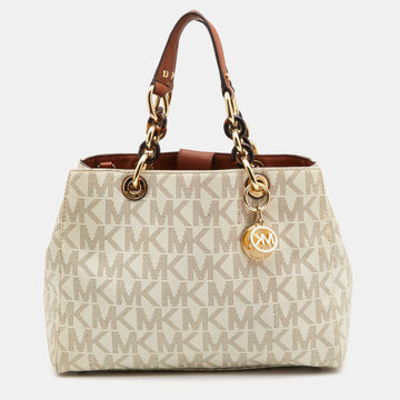 MICHAEL MICHAEL KORS Vanilla/Brown Signature Coated Canvas Medium Cynthia Tote