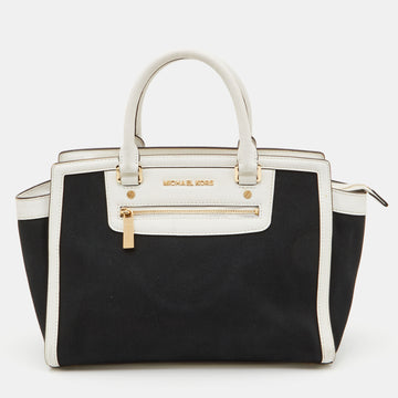 MICHAEL MICHAEL KORS Black/White Canvas and Leather Selma Satchel