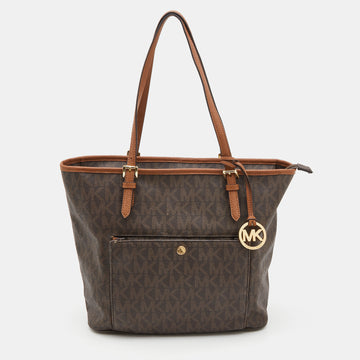 MICHAEL MICHAEL KORS Brown/Tan Signature Coated Canvas and Leather Jet Set Tote
