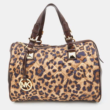 MICHAEL MICHAEL KORS Brown Leopard Print Satin and Leather Boston Bag