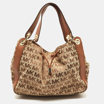 MICHAEL MICHAEL KORS Beige/Brown Signature Canvas and Leather Sided Pocket Bag