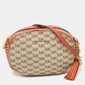 MICHAEL MICHAEL KORS Orange/Beige Signature Coated Canvas and Leather Ginny Crossbody Bag