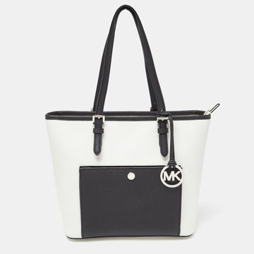 MICHAEL MICHAEL KORS White/Black Leather Jet Set Snap Pocket Tote