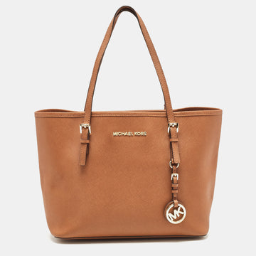 MICHAEL MICHAEL KORS Brown Saffiano Leather Small Jet Set Travel Tote