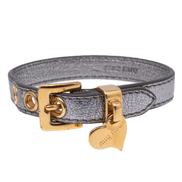 Miu Miu Silver Leather Gold Tone Wrap Bracelet