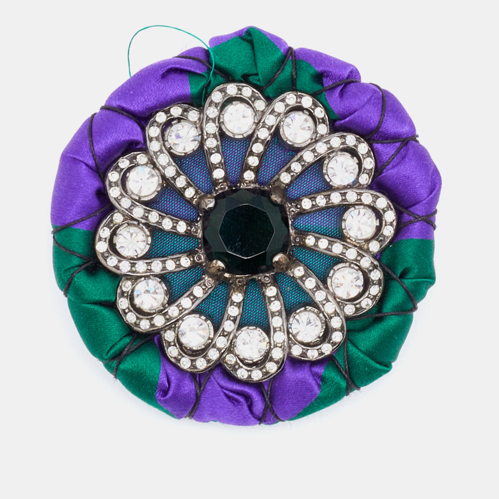 Miu Miu Purple & Green Satin Crystal Embellished Round Brooch