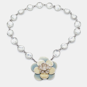 Miu Miu Silver Tone Crystal Resin Flower Pendant Necklace