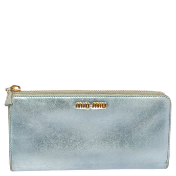 Miu Miu Metallic Blue Leather Zip Around Wallet