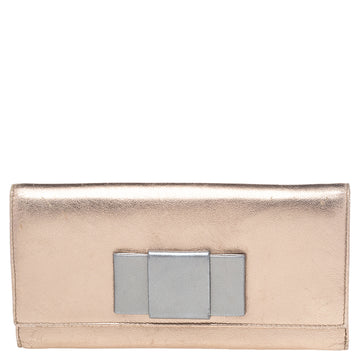 Miu Miu Metallic Gold/Grey Leather Bow Continental Wallet