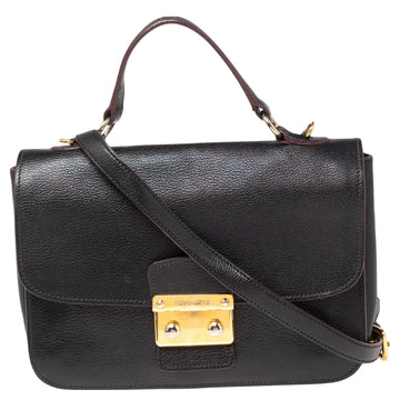 Miu Miu Black Madras Leather Push Lock Flap Top Handle Bag