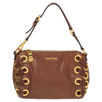 Miu Miu Brown Leather Eyelet Pochette Clutch