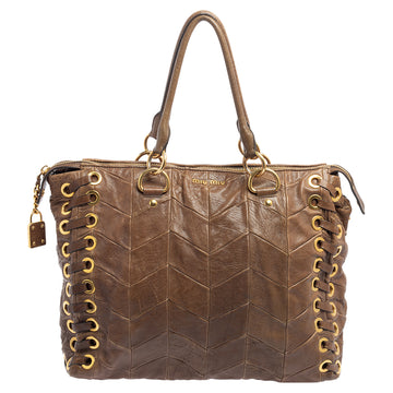 Miu Miu Brown Chevron Leather Grommet Satchel