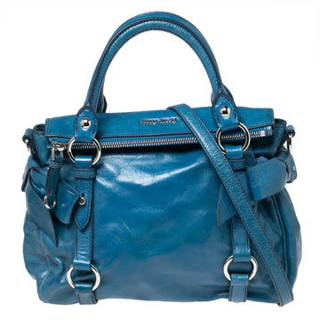 Miu Miu Blue Leather Vitello Lux Leather Bow Top Handle Bag