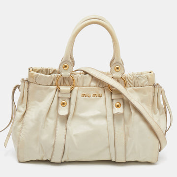 Miu Miu Cream Vitello Lux Leather Gathered Tote