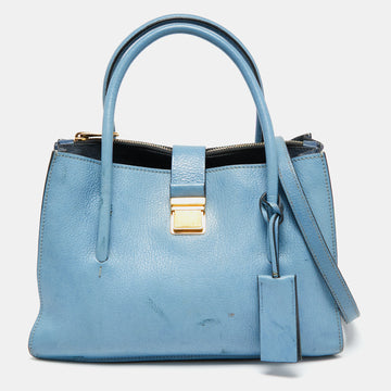 Miu Miu Blue/Navy Blue Madras Leather Push Lock Tote