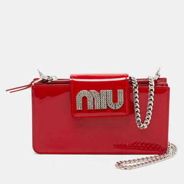 Miu Miu Red Patent Leather Mini Crystal Embellished Phone Crossbody Bag