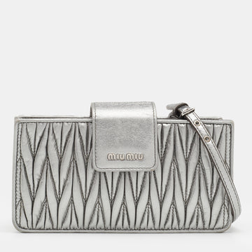 Miu Miu Metallic Silver Matelasse Leather Phone Crossbody Bag