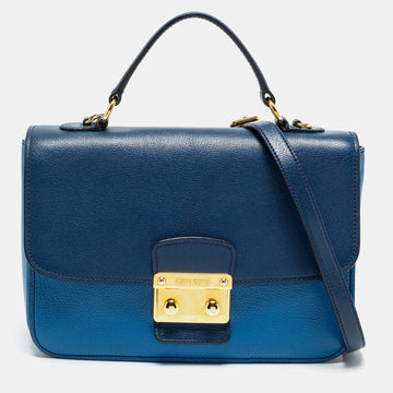 Miu Miu Two Tone Blue Madras Leather Pushlock Flap Top Handle Bag