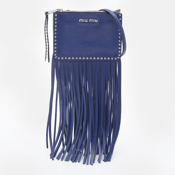 Miu Miu Blue Leather Studded Fringed Crossbody Bag