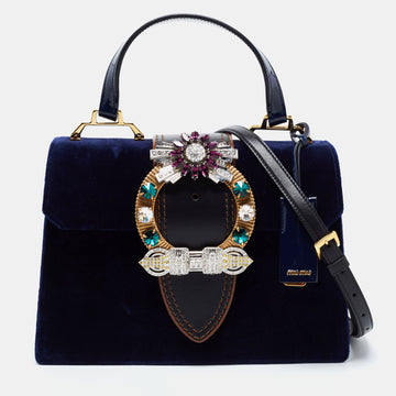 Miu Miu Blue Velvet Crystal Embellished Buckle Flap Top Handle Bag