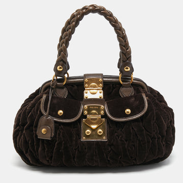 Miu Miu Brown Suede and Leather Coffer Frame Satchel