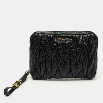 Miu Miu Black Matelasse Patent Leather Zip Wristlet Pouch